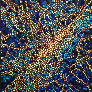 Abstract mosaic veins in indigo, copper and turquoise.