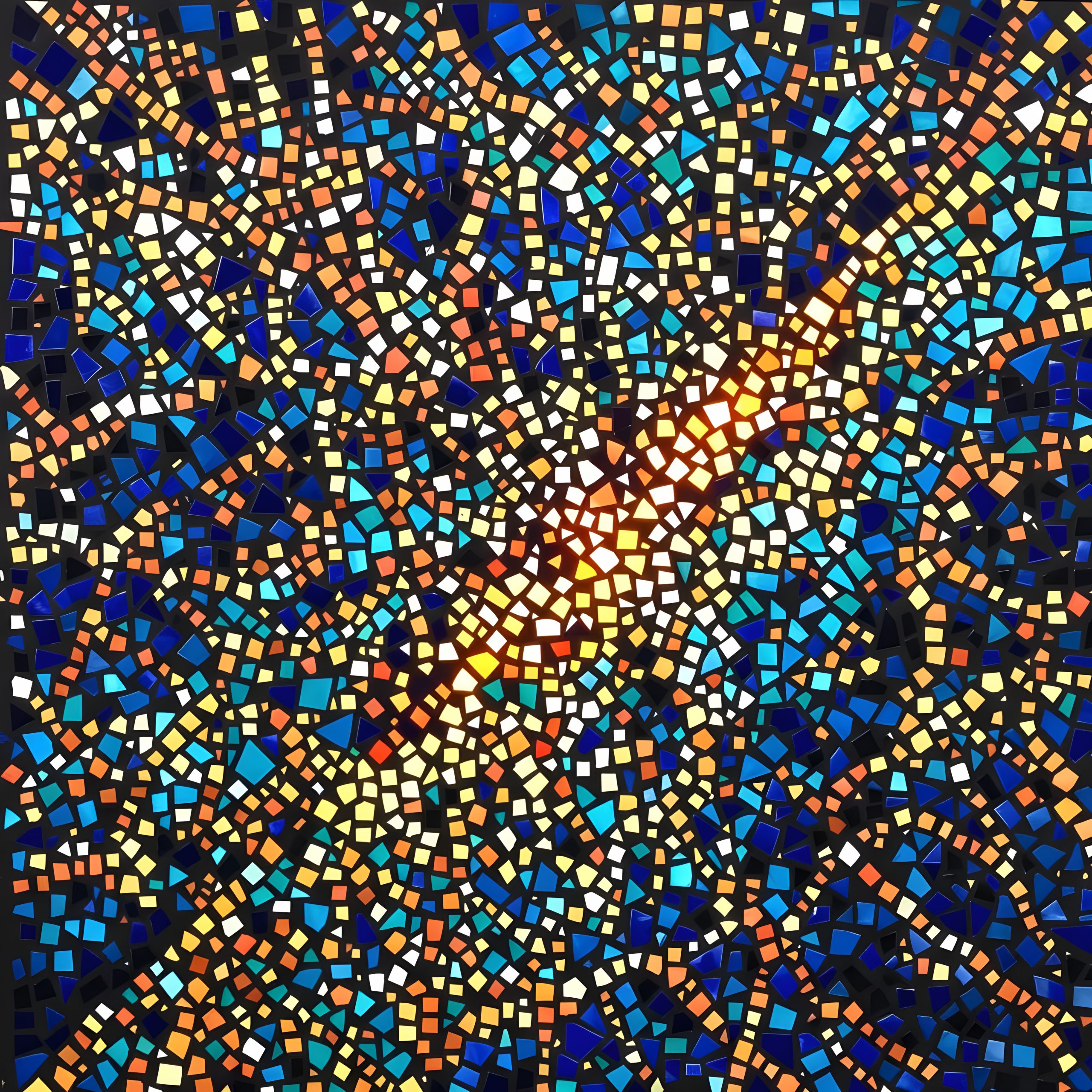 Abstract mosaic veins in indigo, copper and turquoise.