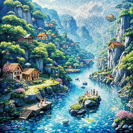 Golden mosaic farmland with futuristic silhouettes