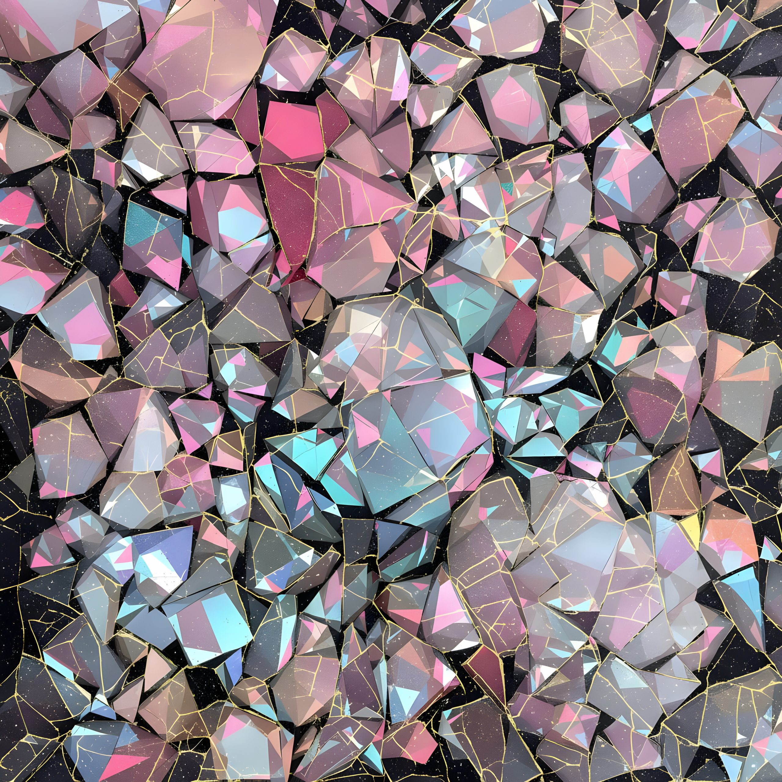 Abstract crystal mosaic in radiant pink and aqua tones.