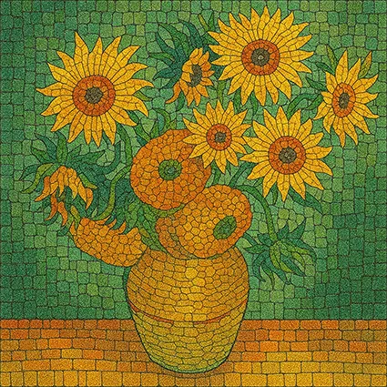 Textured mosaic tile with expressive brush-like patterns