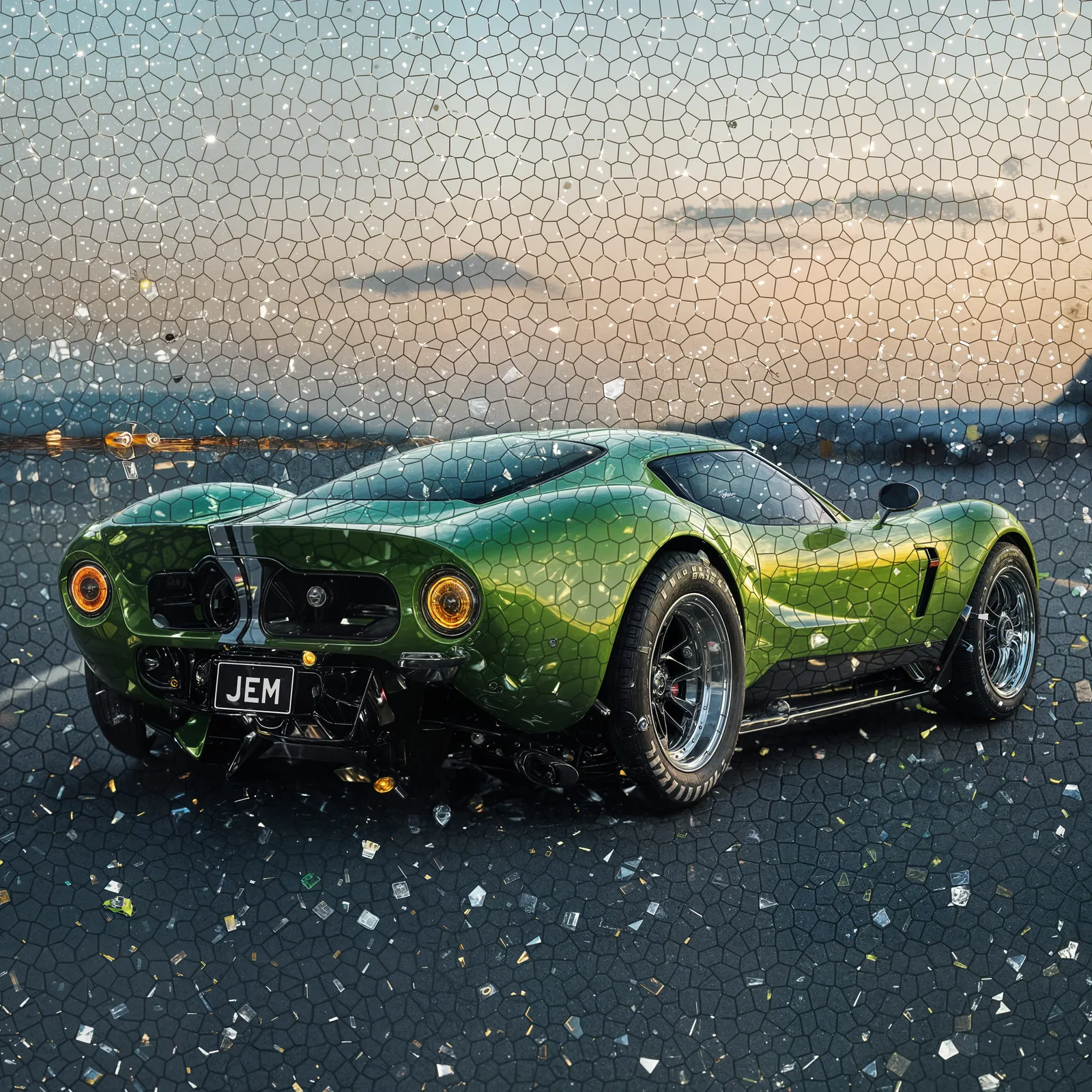 Lime green Ford Marcos Mantula close-up with chrome wheels and “JEM” plate