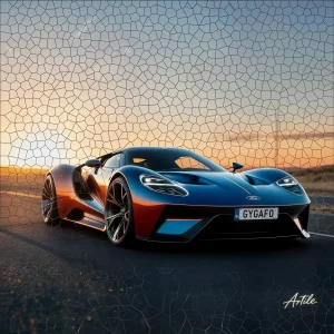 Blue and orange Ford Marcos GT close-up on sunset highway with “GYGAFO” plate