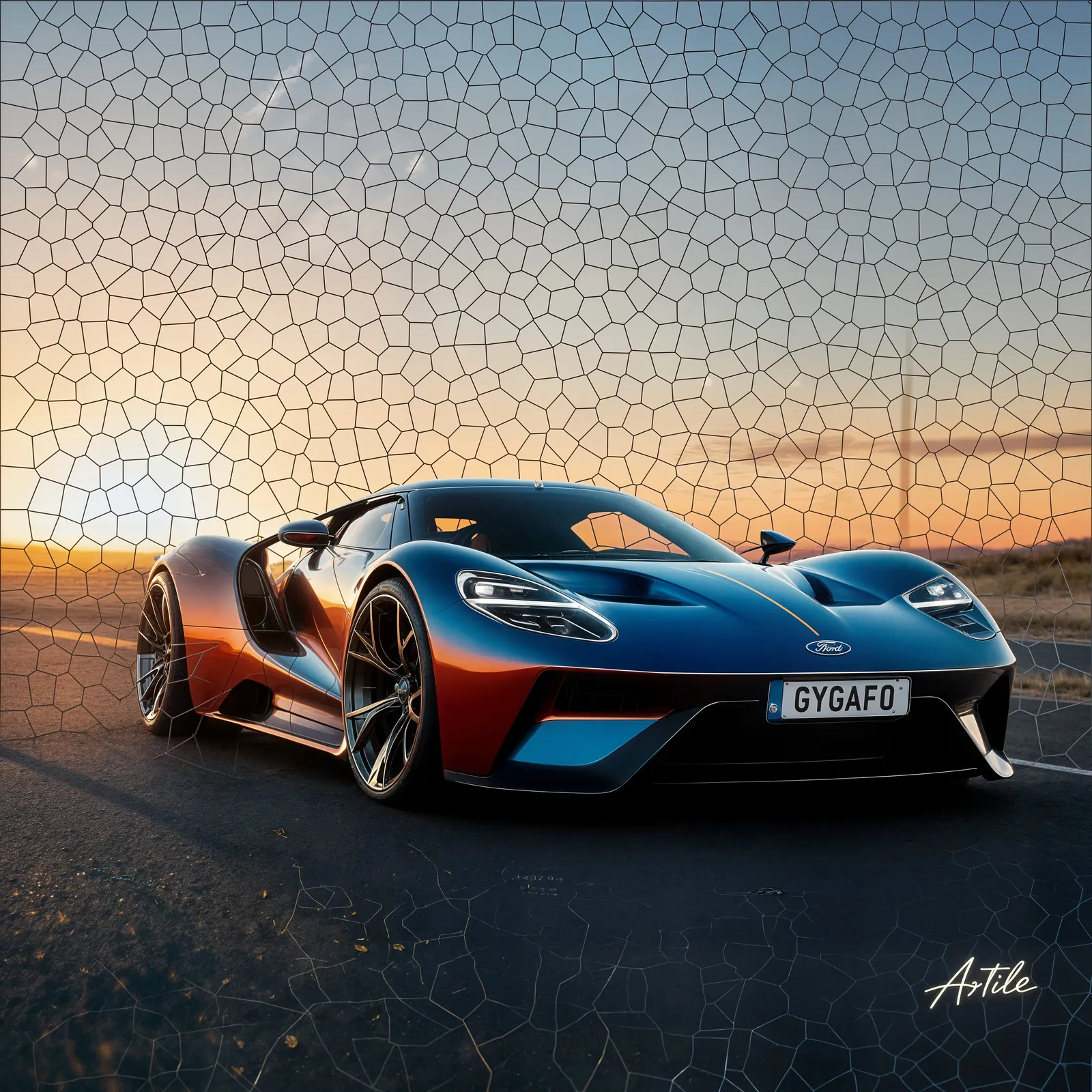 Blue and orange Ford Marcos GT close-up on sunset highway with “GYGAFO” plate