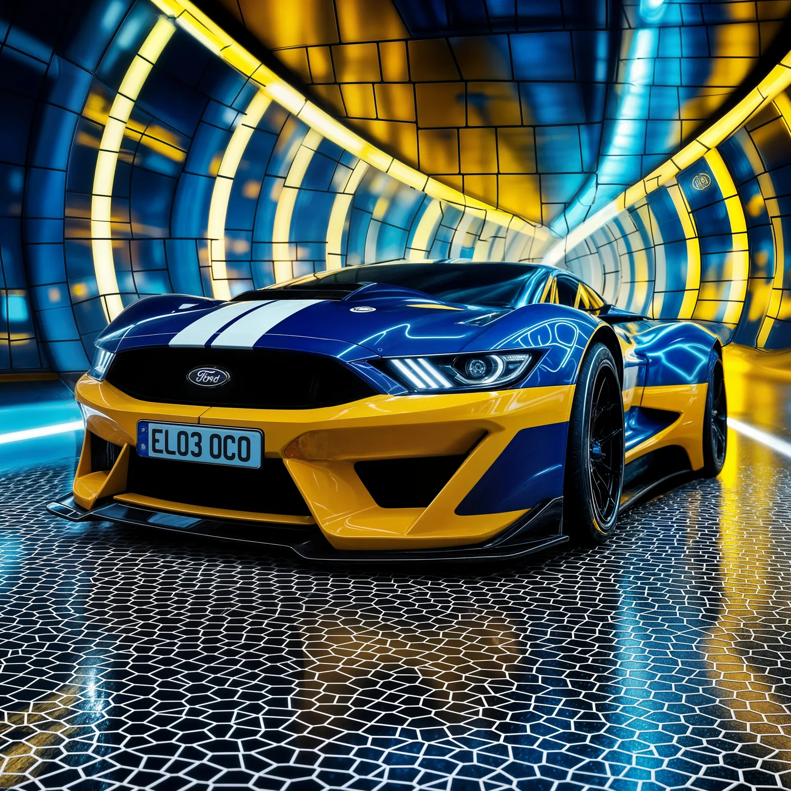 Leeds United blue and yellow Ford Marcos Mantara with white racing stripe and “EL03 OCO” plate