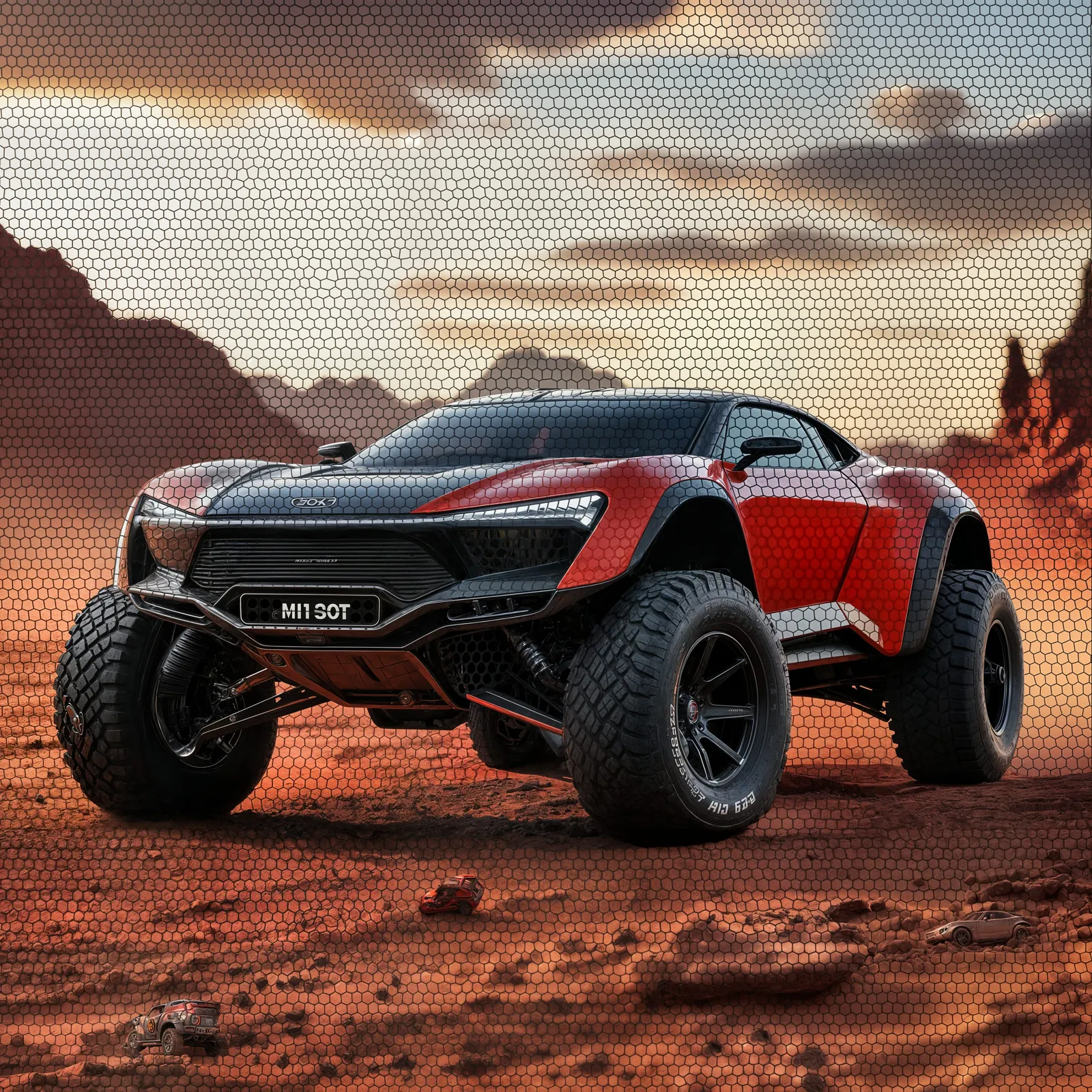 Futuristic Ford Marcos Mantis off-road with “M11 DOT” plate in red desert setting