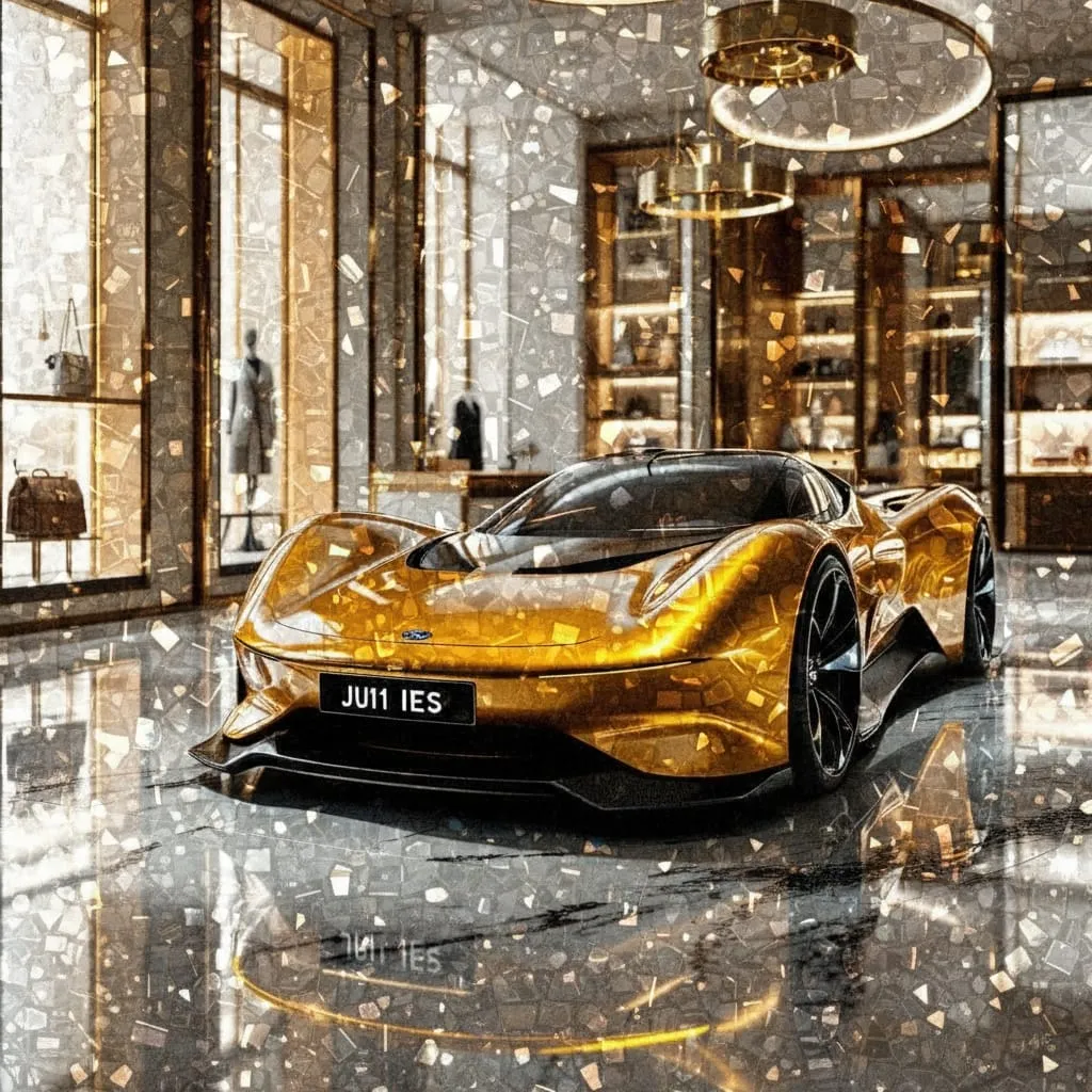 Metallic gold Ford Marcos LM parked inside Louis Vuitton store with “JU11 IES” plate