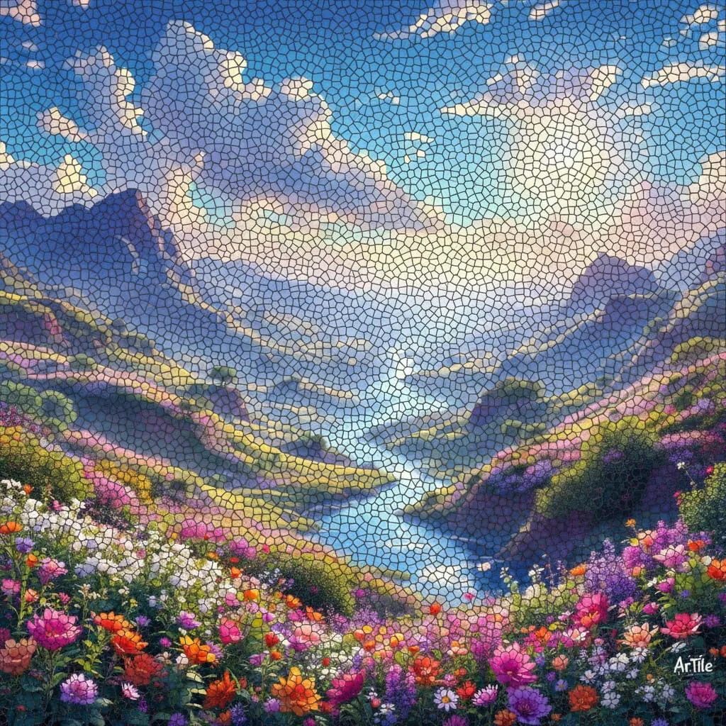 Dreamlike generative landscape with colourful hills, rivers and glowing skies