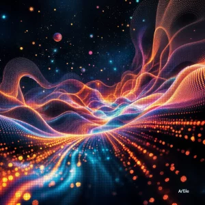 Abstract generative artwork of soundwaves and glowing instruments in motion