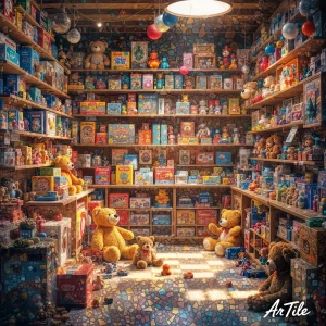 Colourful toy store filled with shelves of 1970s retro toys and games