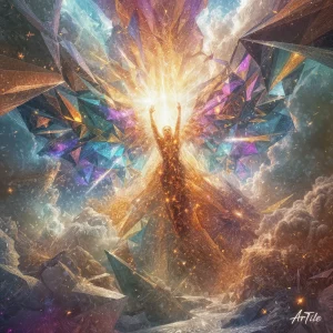 Abstract generative artwork of light shards and forms breaking free