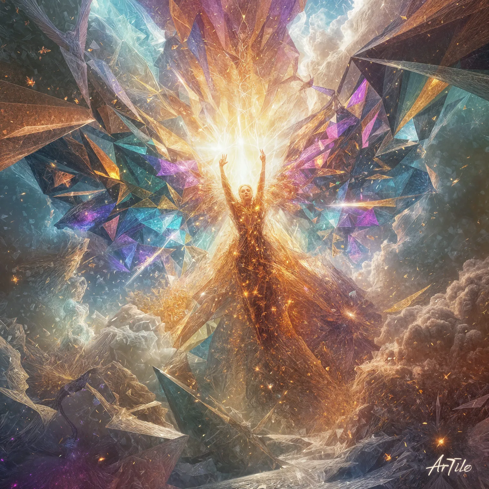 Abstract generative artwork of light shards and forms breaking free