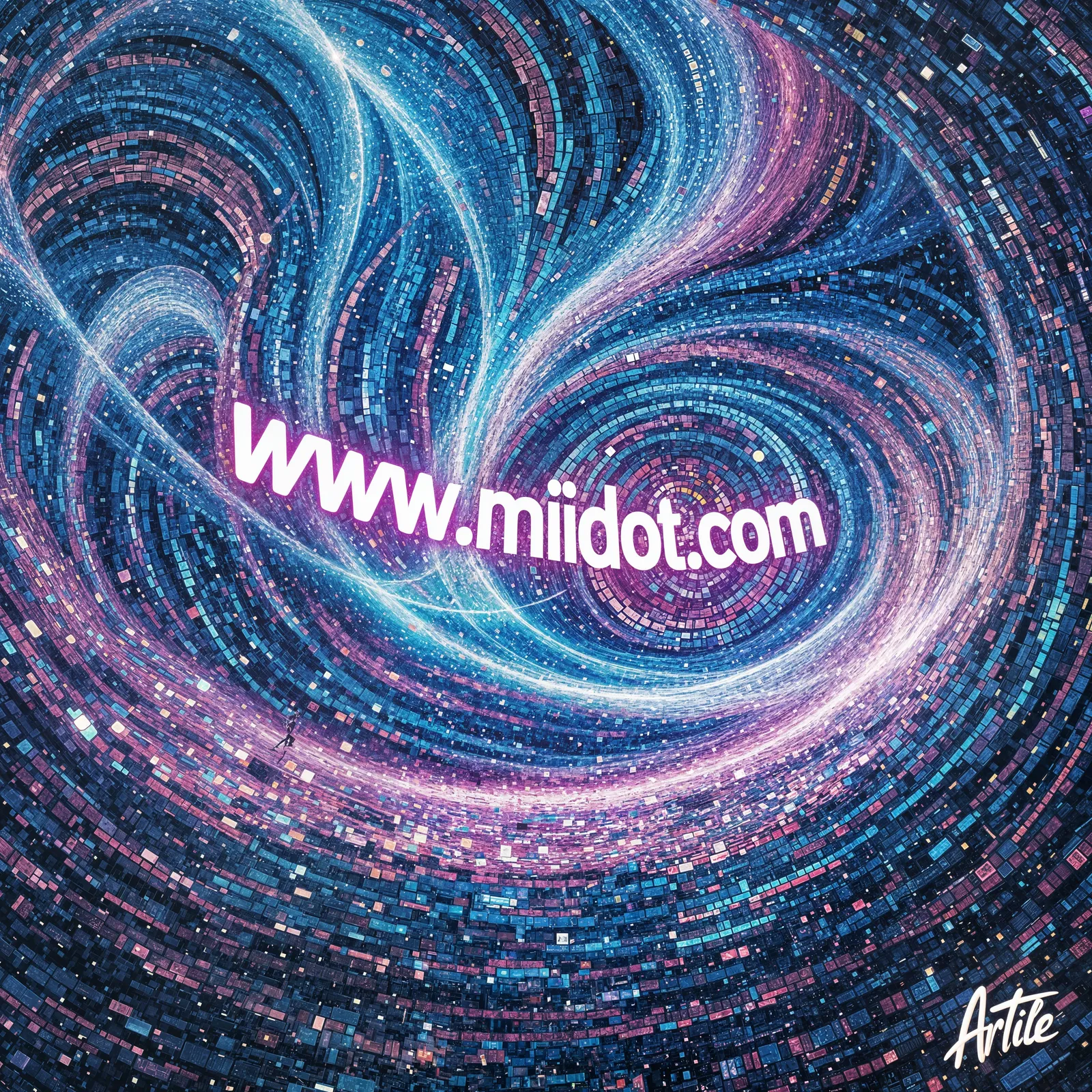 Futuristic advert artwork with swirling ArTile text around glowing MiiDot.com link
