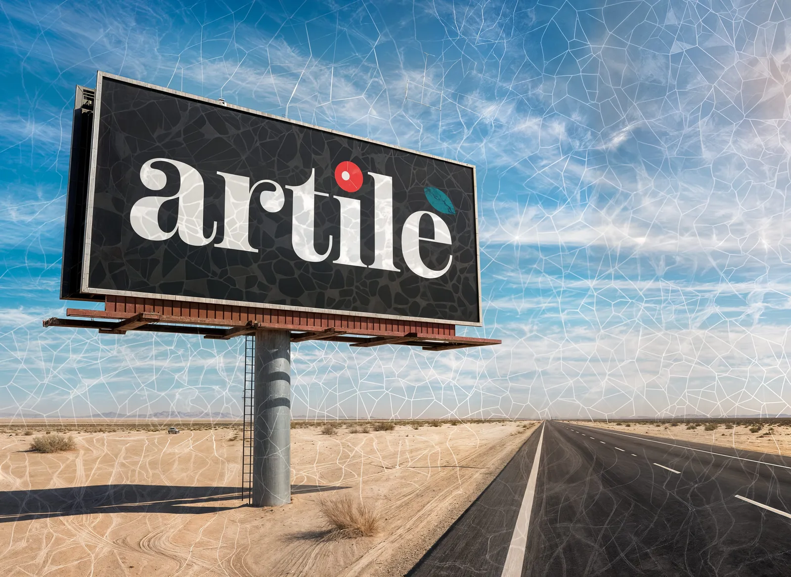 ArTile signature on a lone desert highway billboard.