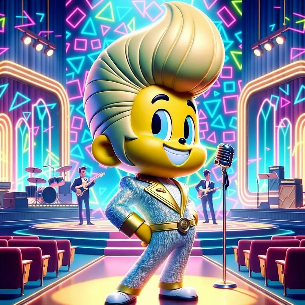 Simpz cartoon character with pompadour hair and rhinestone suit on stage at Moe’s Tavern