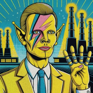 Simpz cartoon figure with lightning bolt makeup at Springfield power plant