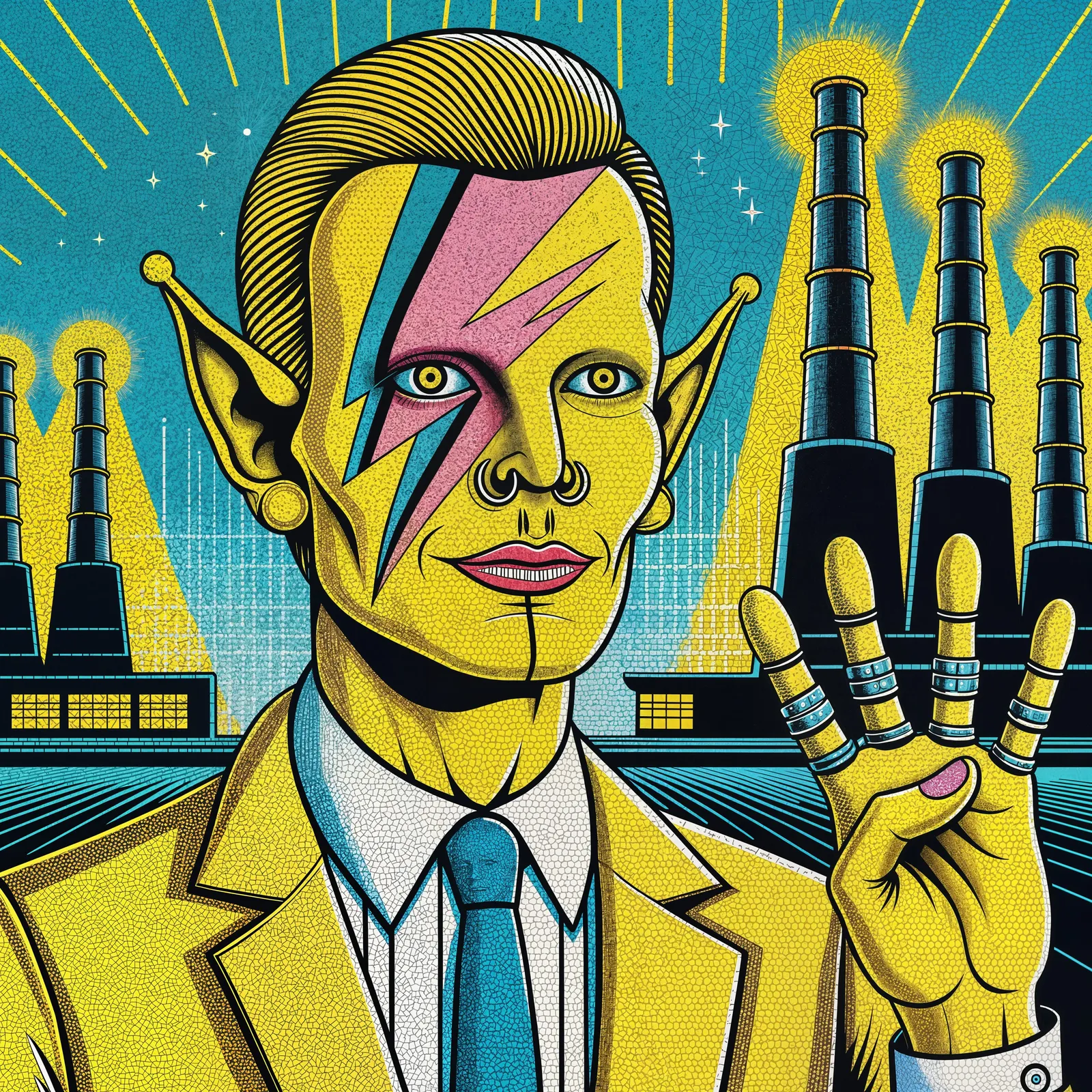 Simpz cartoon figure with lightning bolt makeup at Springfield power plant