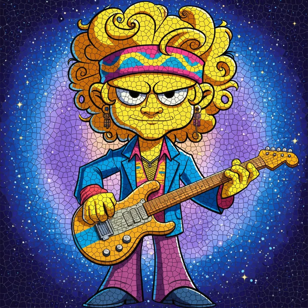Simpz cartoon character with guitar and headband