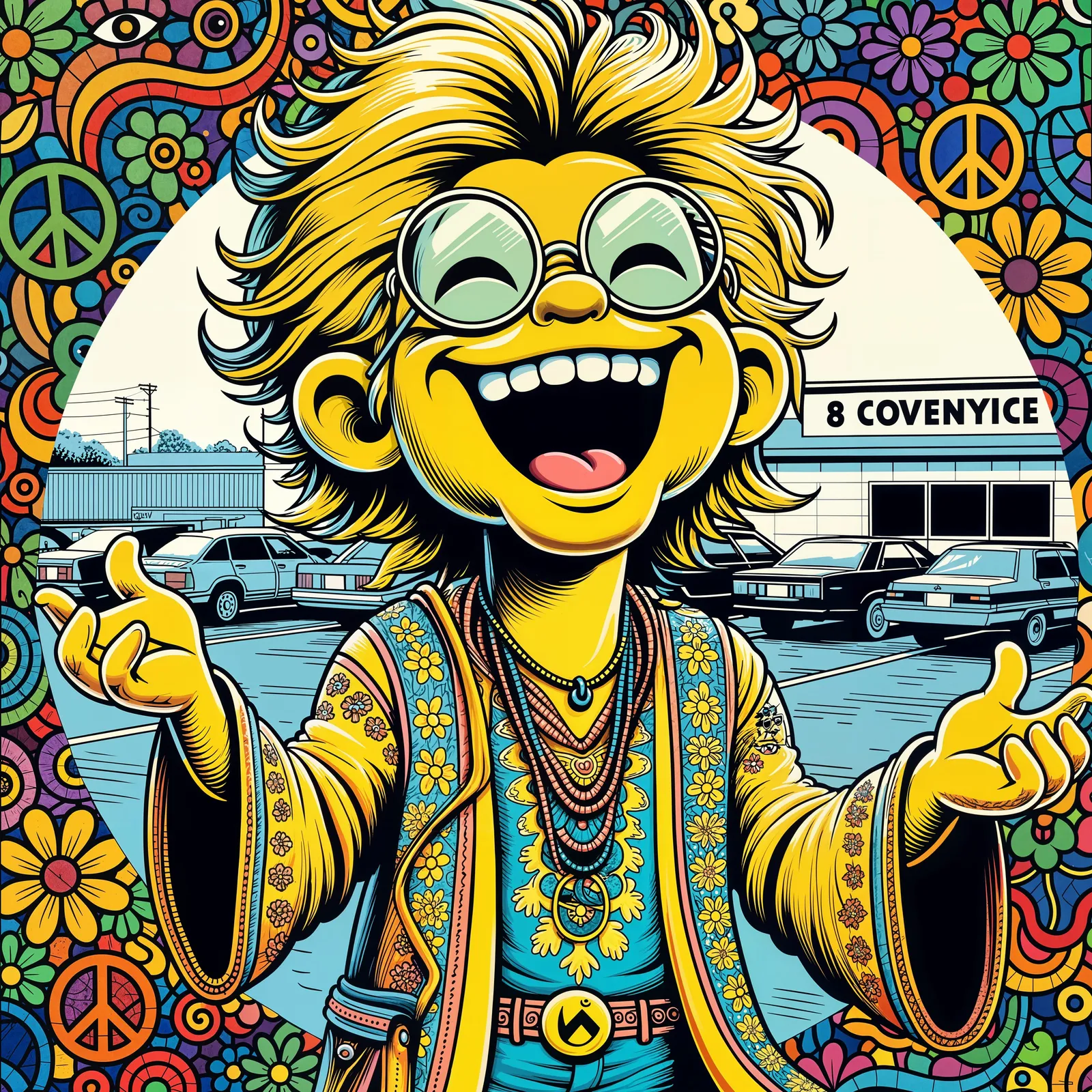 Simpz cartoon character with round glasses and bohemian clothes