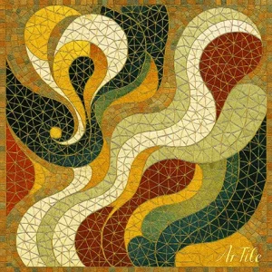 Colorful tessera mosaic artwork with sweeping organic arcs in teal, gold, and rust