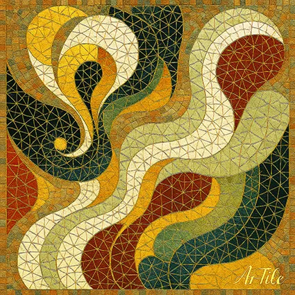 Colorful tessera mosaic artwork with sweeping organic arcs in teal, gold, and rust