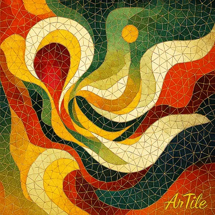 Swirling mosaic composition with sunlike motif in earthy and ocean tones