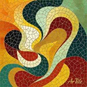 Abstract tessera mosaic with layered organic shapes in warm and cool tones