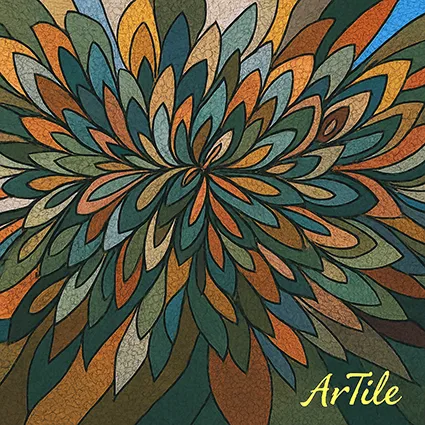 Floral-inspired tesserae ArTile mosaic in earthy greens, rusts, and ochres