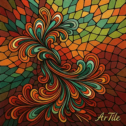 Spiraling abstract mosaic artwork in warm reds, orange, teal, and green