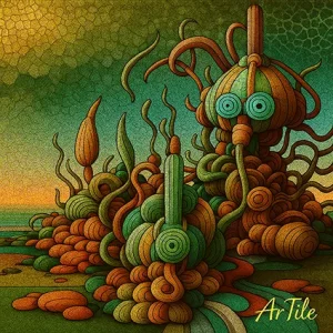 Futuristic surreal tesserae ArTile mosaic in green and amber tones