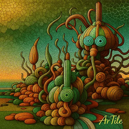 Futuristic surreal tesserae ArTile mosaic in green and amber tones