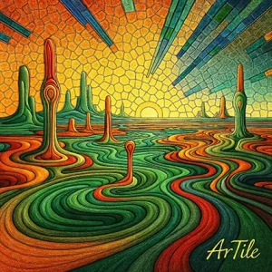 Mosaic surreal landscape with rising spires and golden tessera horizon