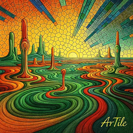 Mosaic surreal landscape with rising spires and golden tessera horizon