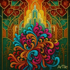 Ornate mosaic artwork blending geometric arch with swirling colorful tendrils