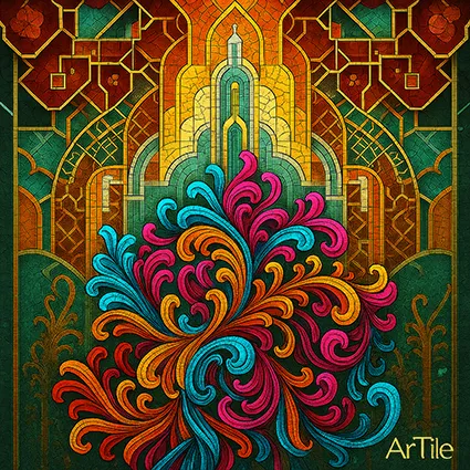 Ornate mosaic artwork blending geometric arch with swirling colorful tendrils