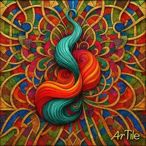 Radiant rainbow-twist mosaic with detailed tesserae mandala background