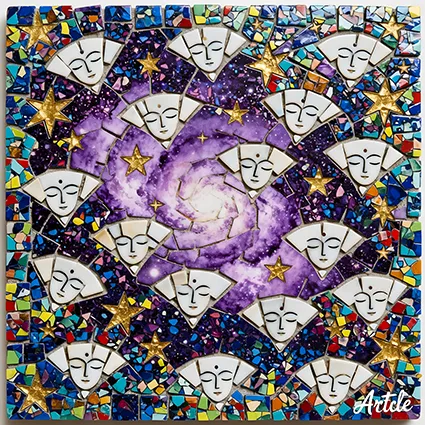 Mosaic tile artwork of 30 serene Zen Fanzi faces, diverse races, floating in a purple nebula.