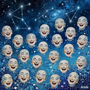 Mosaic design of smiling Zen Fanzi faces in blue starfields with constellations.