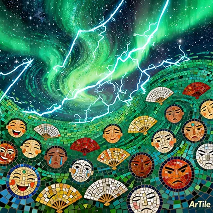 Aurora borealis mosaic with purple and green light.