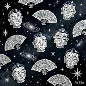 Dark void mosaic with diverse faces and silver stars.