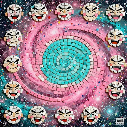 Mosaic tile with comic expressions over pink and turquoise galaxies.