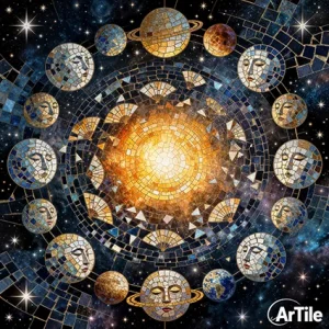 Diverse mosaic faces orbiting a glowing supernova.