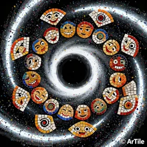 Black-hole vortex mosaic with playful Zen Fanzi faces.