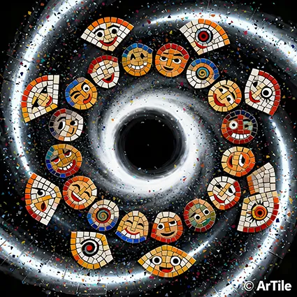Black-hole vortex mosaic with playful Zen Fanzi faces.