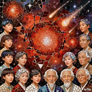 Crimson galaxy mosaic with comets and diverse faces.