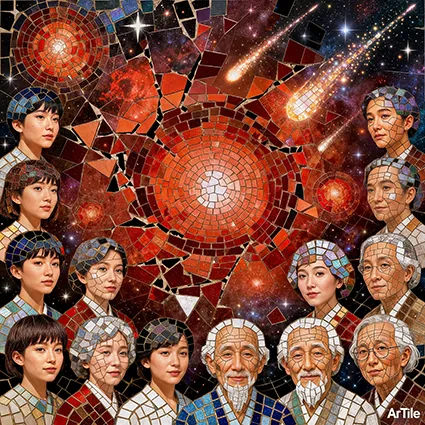 Crimson galaxy mosaic with comets and diverse faces.