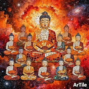 Cosmic mosaic of meditating faces in fiery red and orange nebula clouds.