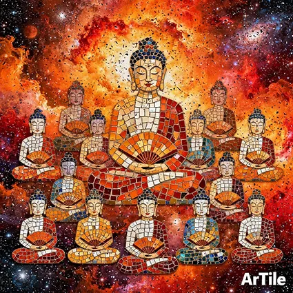 Cosmic mosaic of meditating faces in fiery red and orange nebula clouds.