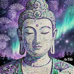 Mosaic design of smiling Zen Fanzi faces in blue starfields with constellations.