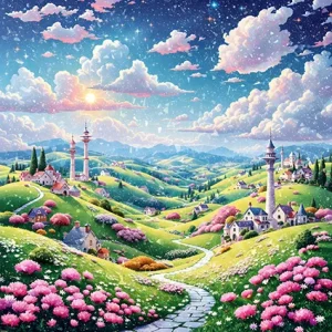 wilight mosaic village with luminous tesserae fields